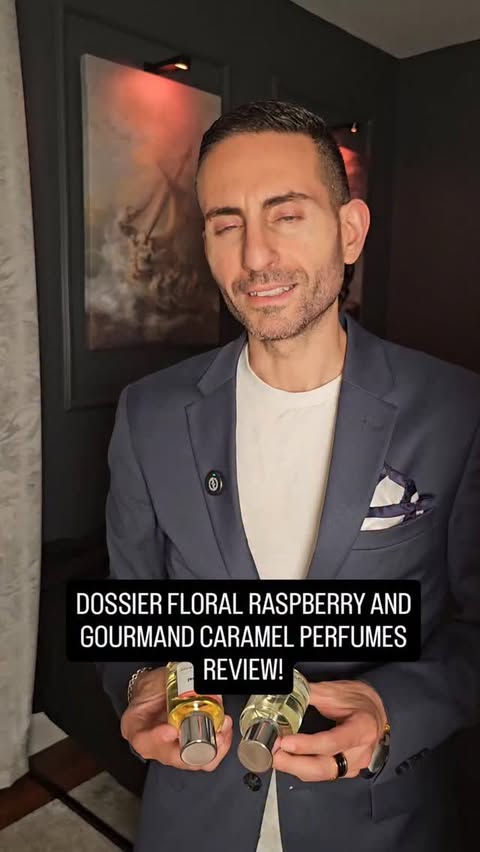 Instagram post by @redolessence for Dossier. Caption reads: Dossier Floral Raspberry and Gourmand Caramel....