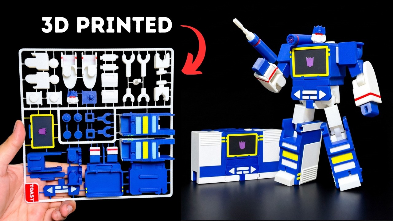 YouTube post by @toast_channel for PCBWay3D. Caption reads: I Made a 3D Printable Soundwave Kit [Transformers].