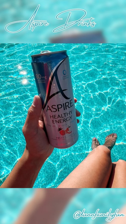 Instagram post by @dunnfamilyfun for Aspire Drinks. Caption reads: [...] crash feeling when it wears off.....