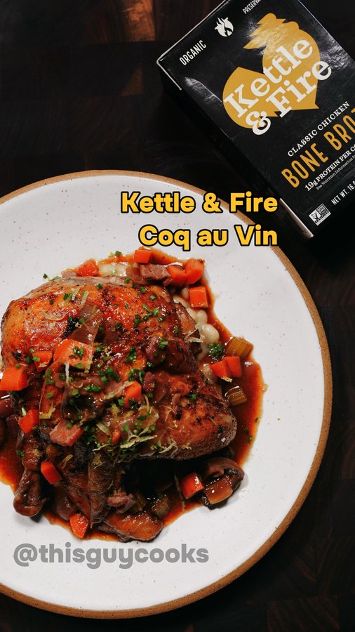 Instagram post by @thisguycooks for Kettle & Fire. Caption reads: COQ AU VIN — A cold-weather classic built on....