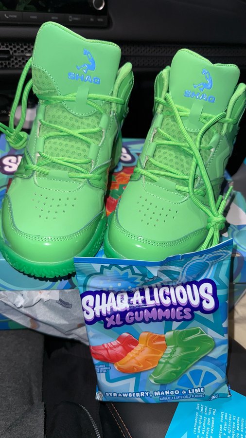 Instagram post by @markie_devo for Hersheyland. Caption reads: Shaqalicious XL Gummie Sneakers PR Box....
