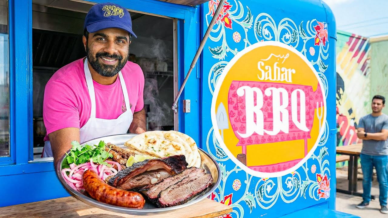 YouTube post by @AntsBBQStory for Huckberry. Caption reads: Texans Wait HOURS for This Pakistani-Texas BBQ....