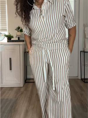 TikTok post by @amybattles77 for OmmigO. Caption reads: Ommig Women's Striped Matching Sets 2 Piece Fall....