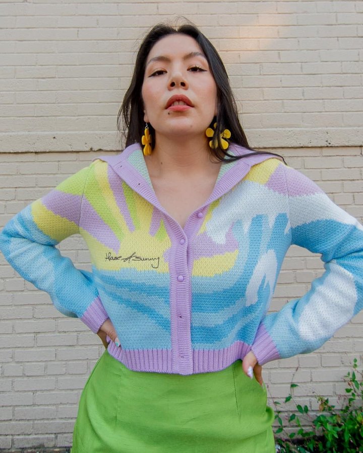 Instagram post by @itsyohomegirl for House of Sunny. Caption reads: When a cardigan checks all your boxes. Colorful,....