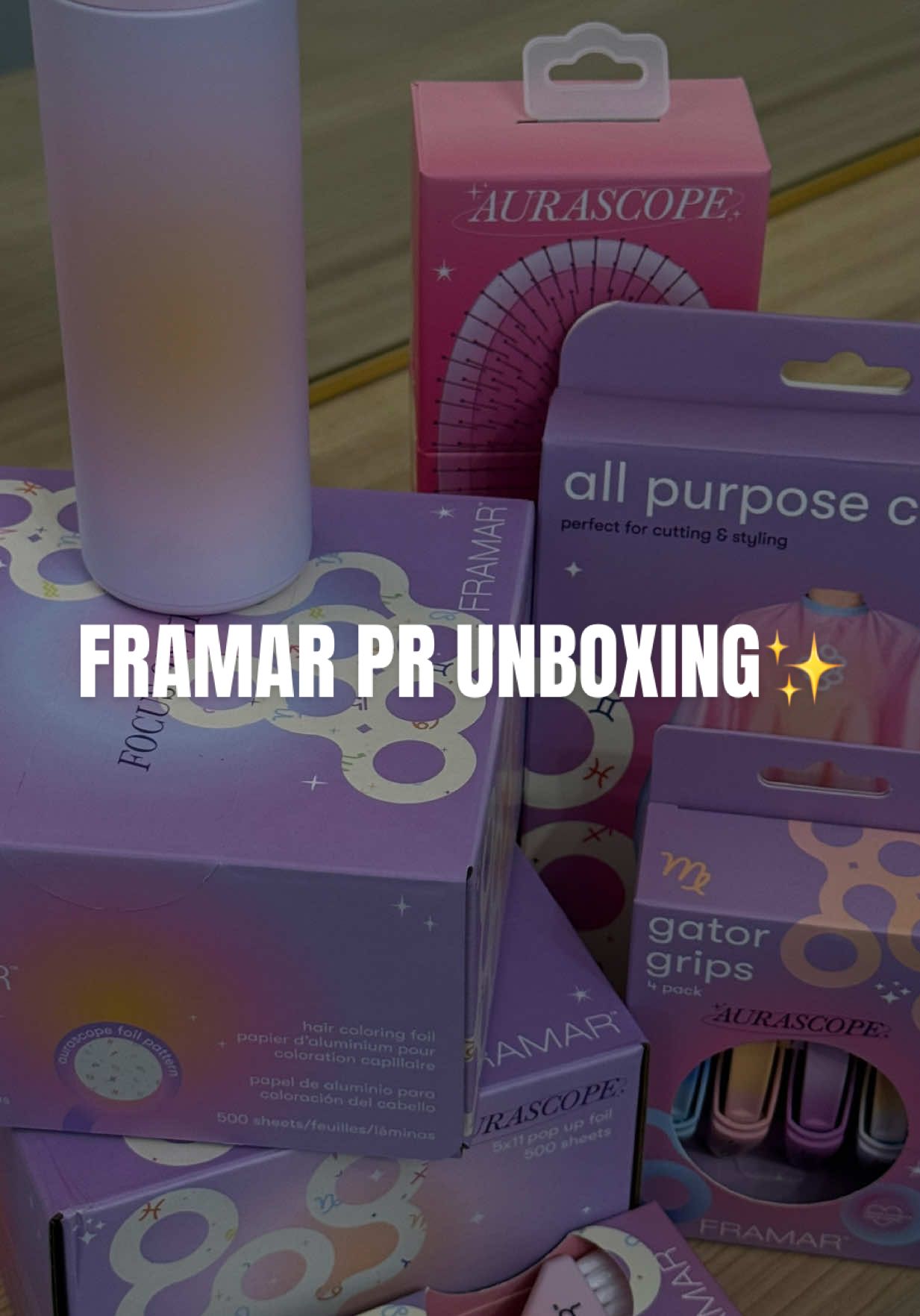 TikTok post by @hairbycaitiee for Framar. Caption reads: [...] this cute collection✨💜🌙 shop FRAMAR✨....