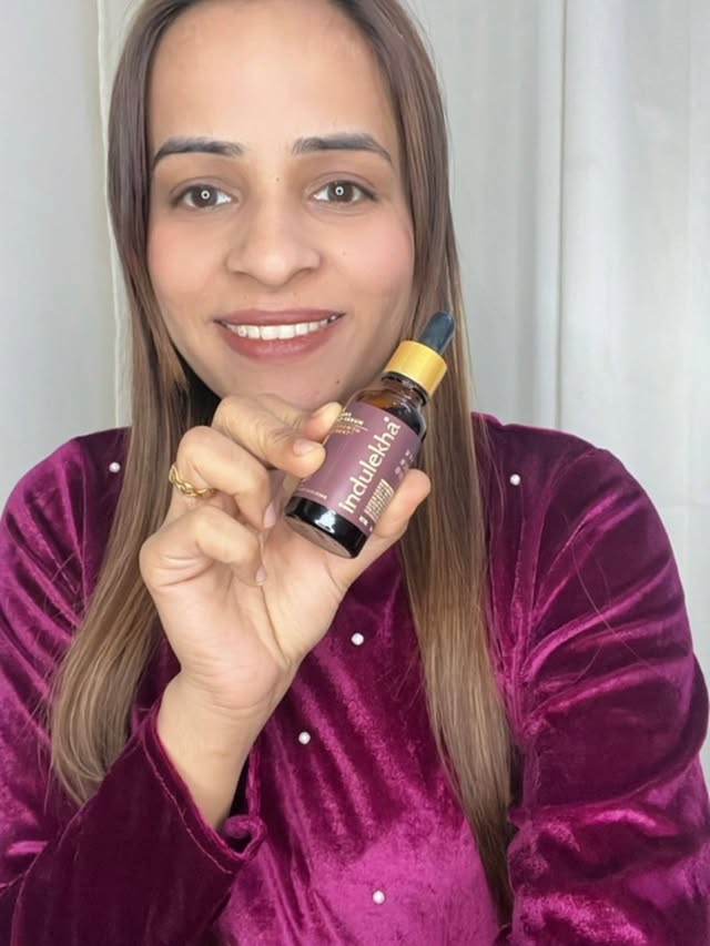 Instagram post by @preeti.kwatra1 for Indulekha. Caption reads: Just three drops a day can make such a meaningful....