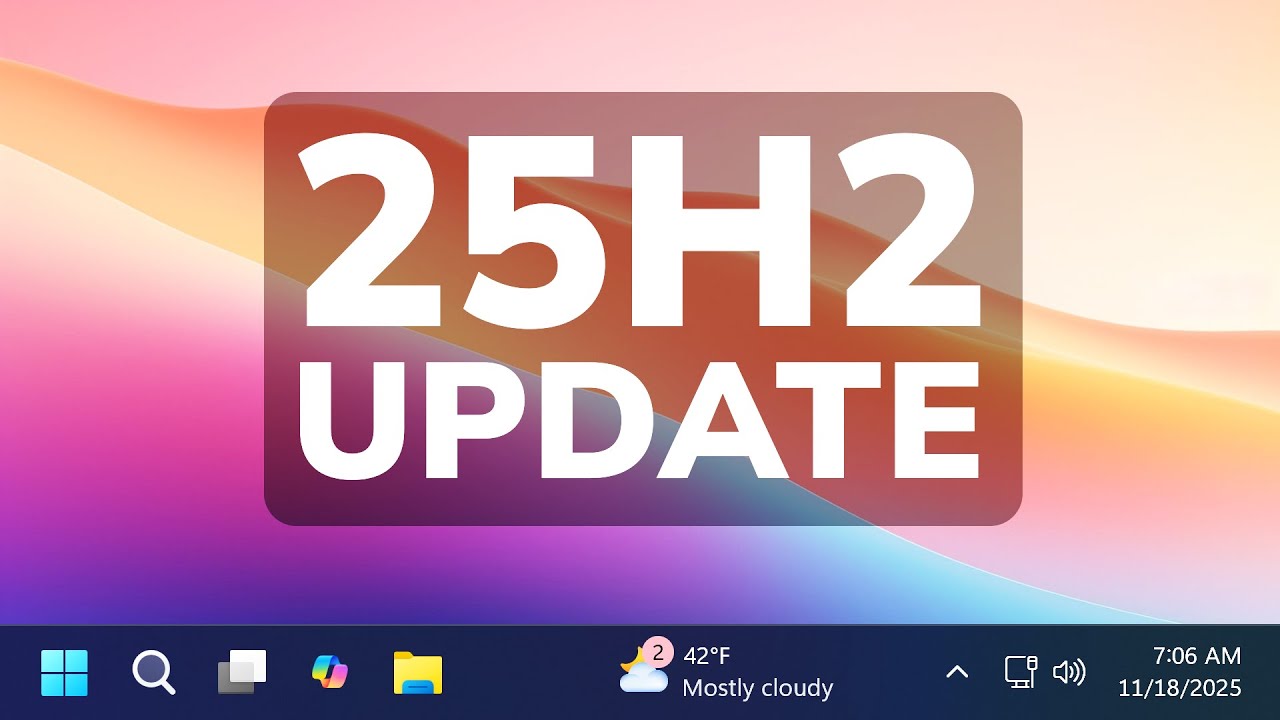 YouTube post by @TechBased for Unsplash. Caption reads: New Big Windows 11 25H2 November Update – New....