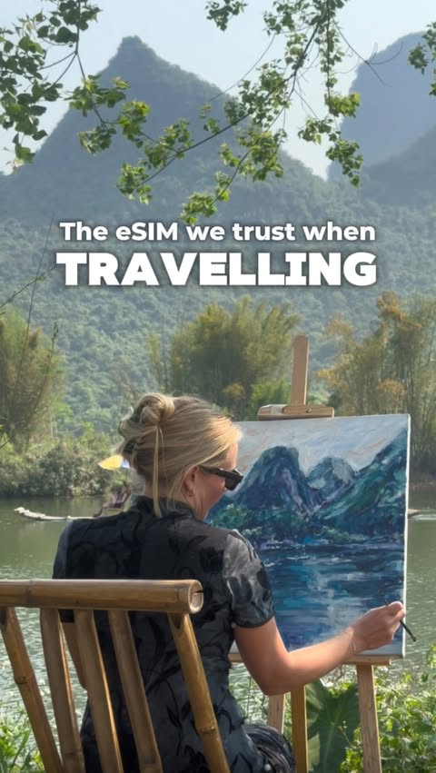 Instagram post by @maddieandluke_travels for Yesim. Caption reads: [...] travel around the world. It’s Yesim app,....