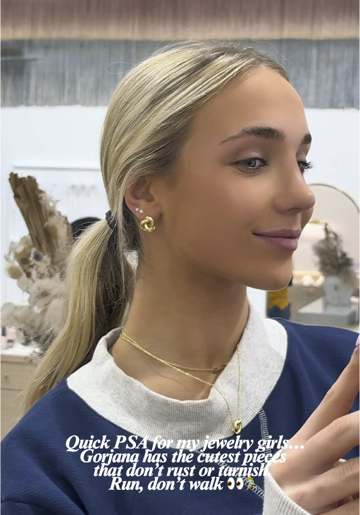 TikTok post by @charlotteglassss for gorjana. Caption reads: [...] #goldjewelry #jewelry #jewelerystack....