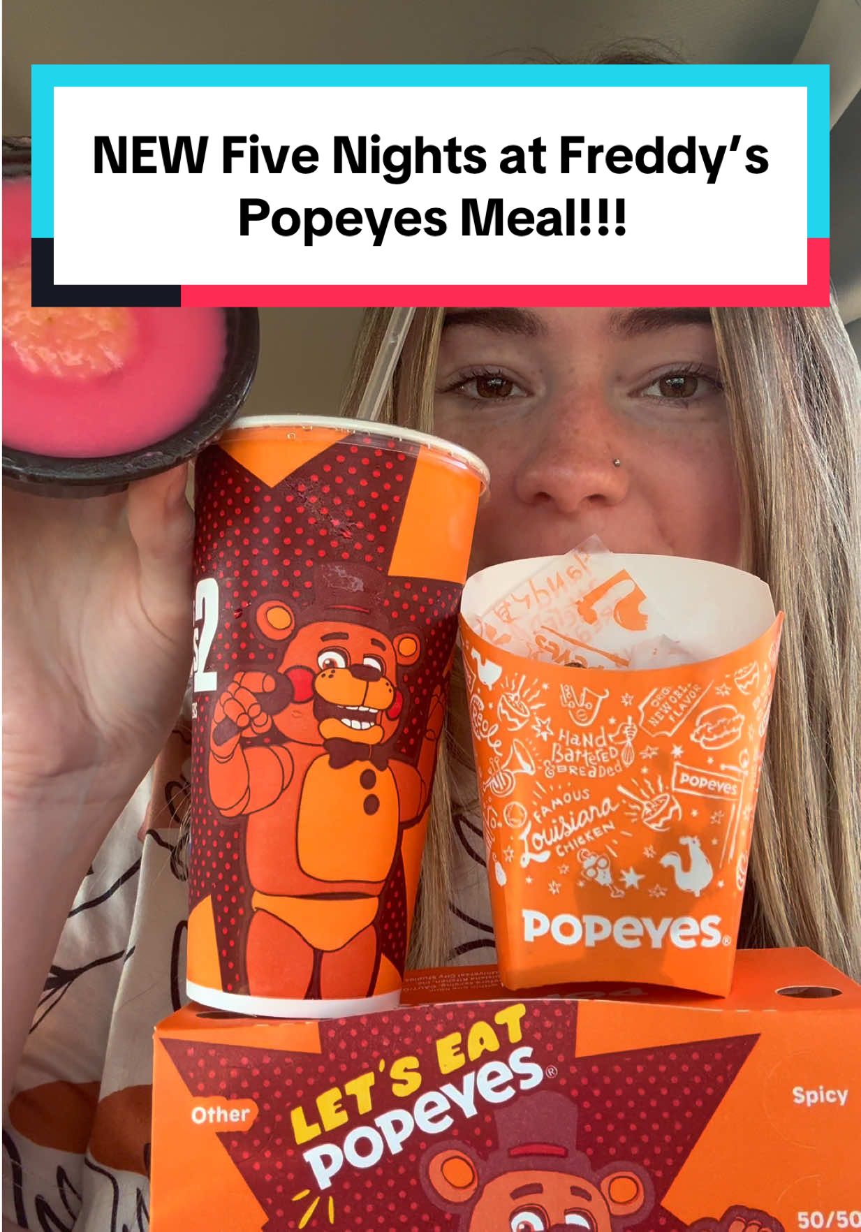 TikTok post by @taystanford for Popeyes. Caption reads: trying the new five nights at freddy’s meal from....