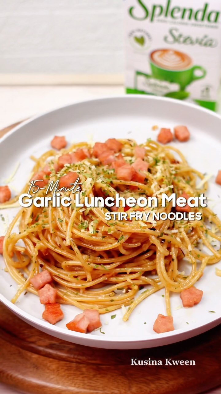 Instagram post by @kusinakween_ for Splenda. Caption reads: 15-Minute Garlic Luncheon Meat Noodles

Feeling....