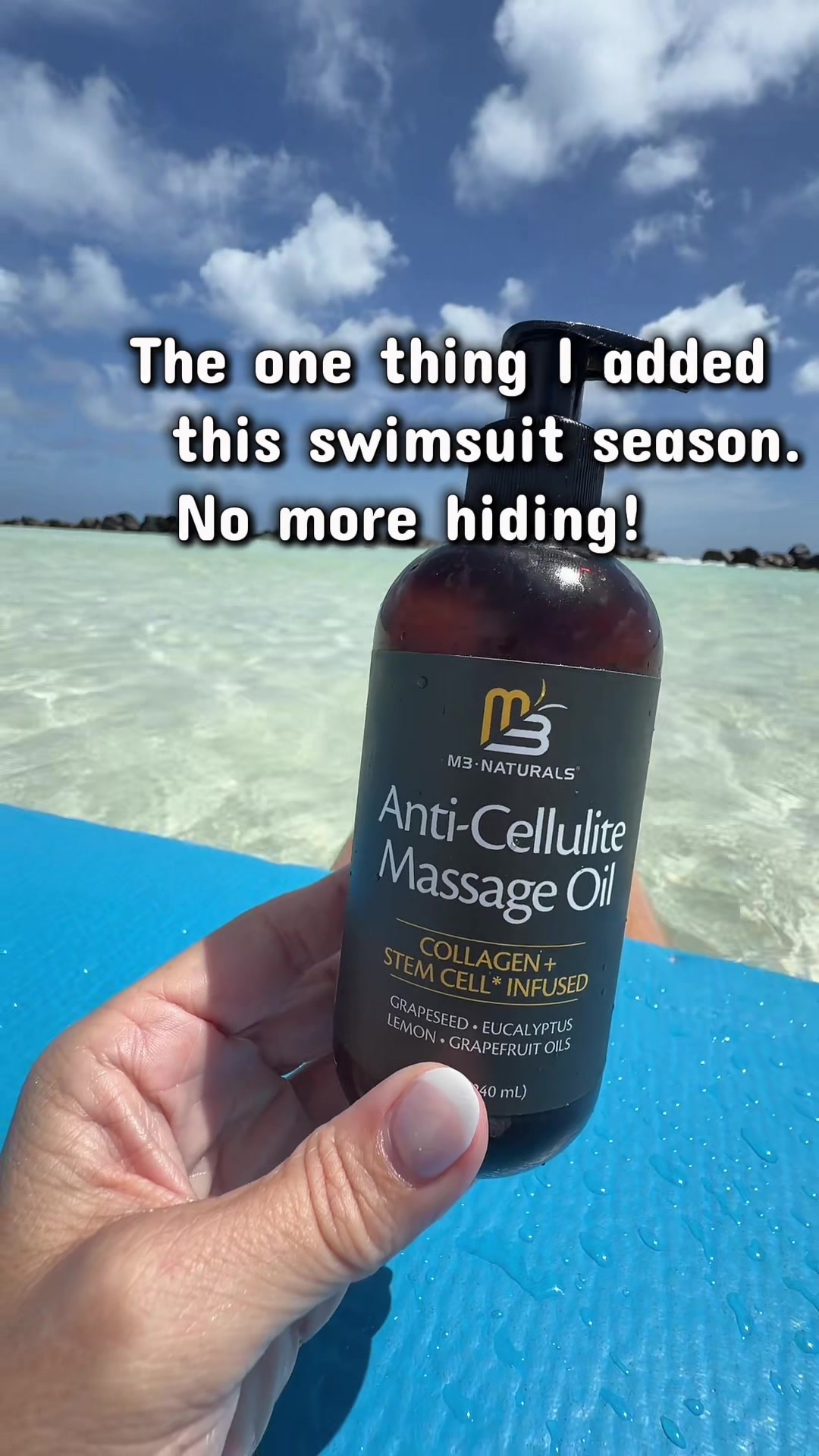TikTok post by @jennsuggs for M3 Naturals. Caption reads: Anti-Cellulite Oil! Summer vibes..@M3 Naturals....