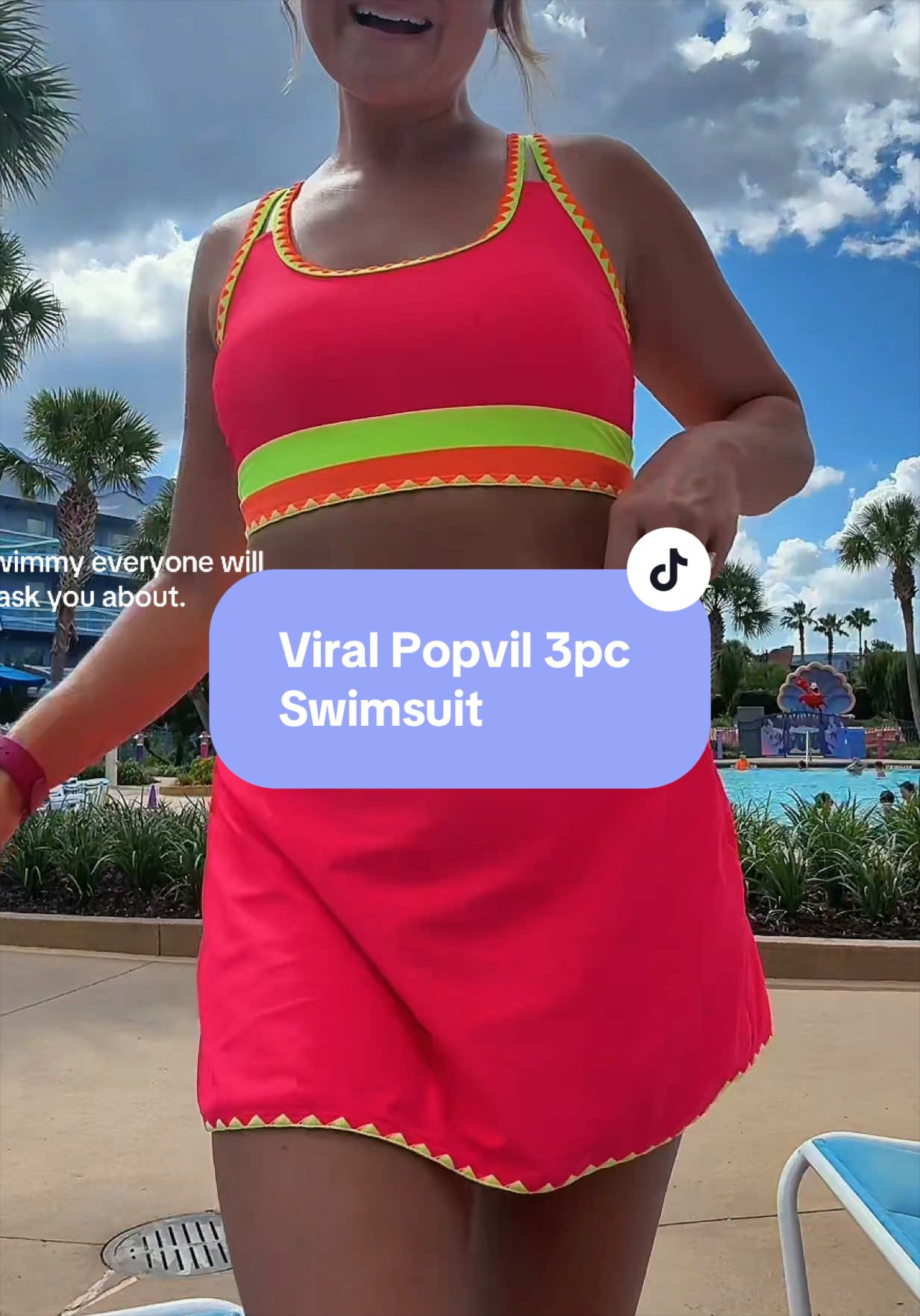 TikTok post by @jackiebentley for Popvil. Caption reads: [...] the colors of this 3 pc swimsuit from....