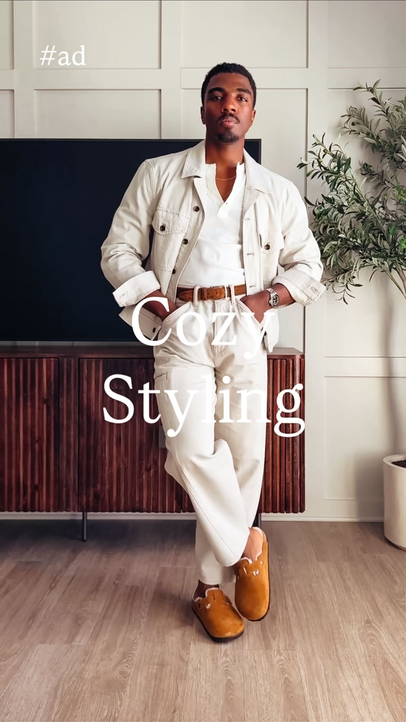 Instagram post by @mrderrickbrownie for Birkenstock. Caption reads: Cozy styling ideas for the upcoming holiday season....