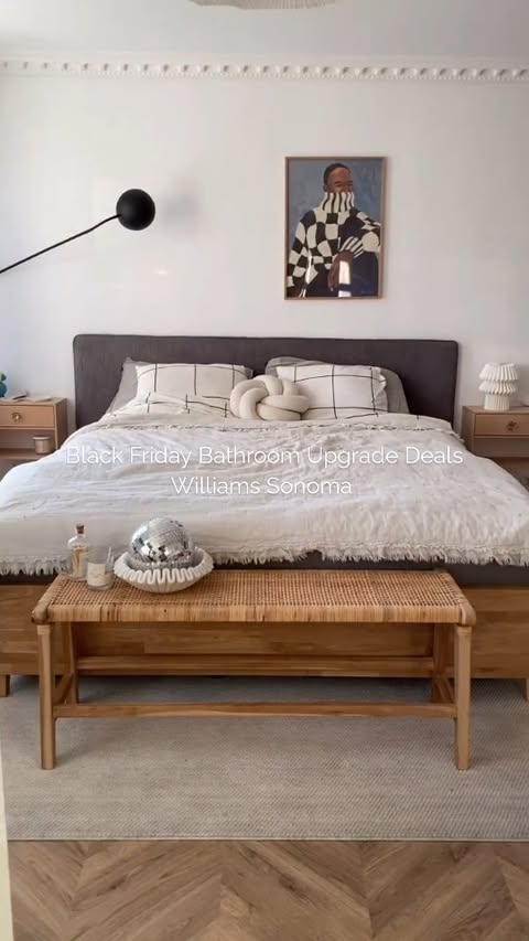 Instagram post by @garbielle_richmond for Williams Sonoma. Caption reads: Bedroom with this rattan bench from....