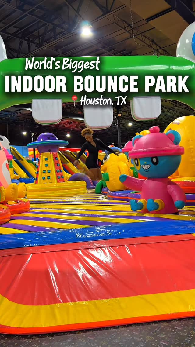 Instagram post by @prettygirleatshouston for Funbox. Caption reads: WORLD’S BIGGEST INDOOR BOUNCE PARK:....