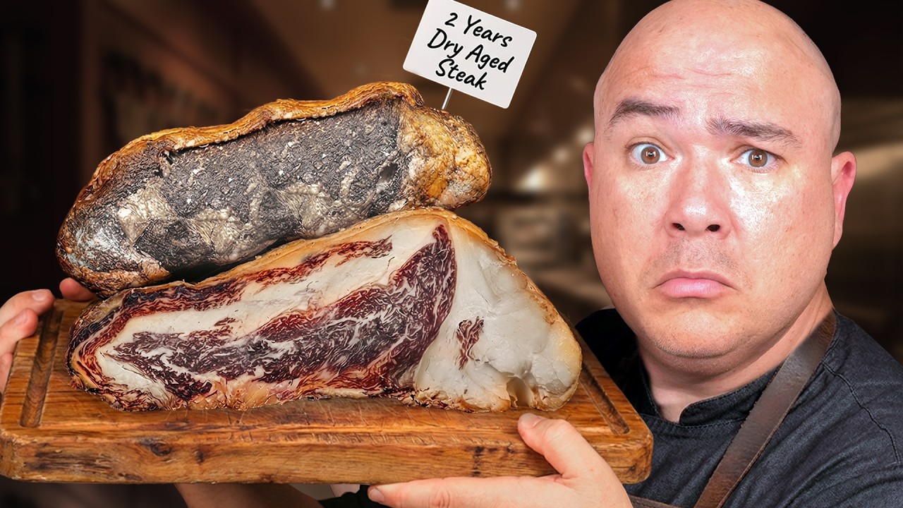 YouTube post by @GugaFoods for Goldbelly. Caption reads: I Finally tried the 2-Year Mother Steak!.