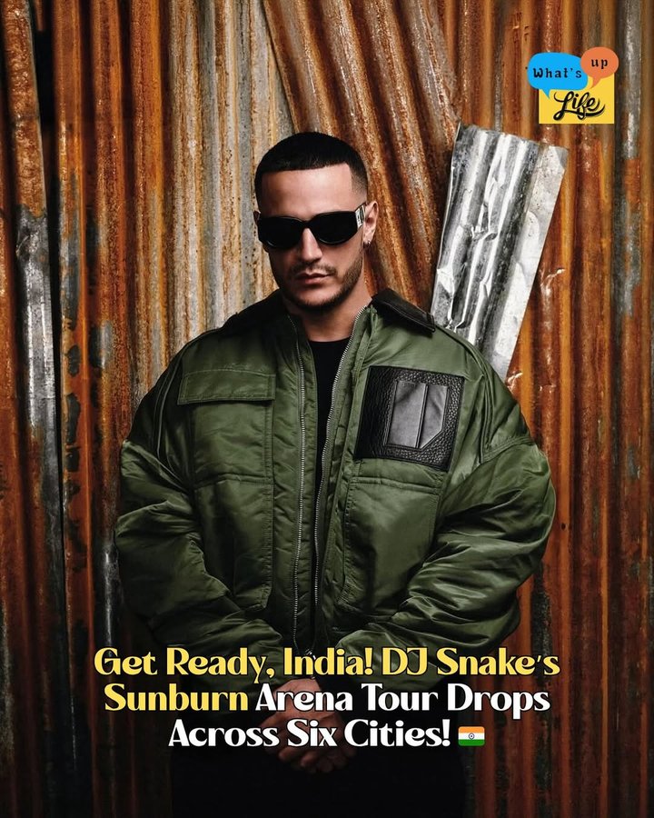 Instagram post by @whatsuppune for What's Up Life. Caption reads: Six cities. One global icon. 🐍🔥 DJ Snake is back....