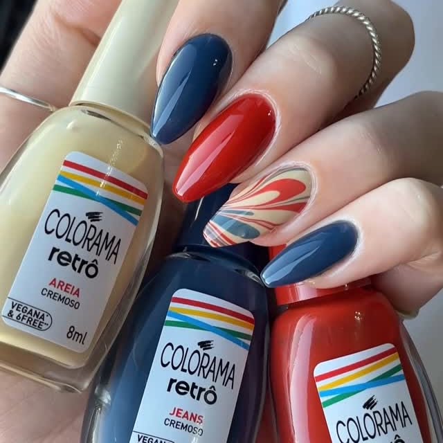 Instagram post by @abranchesju_ for Colorama Esmaltes. Caption reads: unhas retrô 💙❤️

#unhas #unhasnaturais....