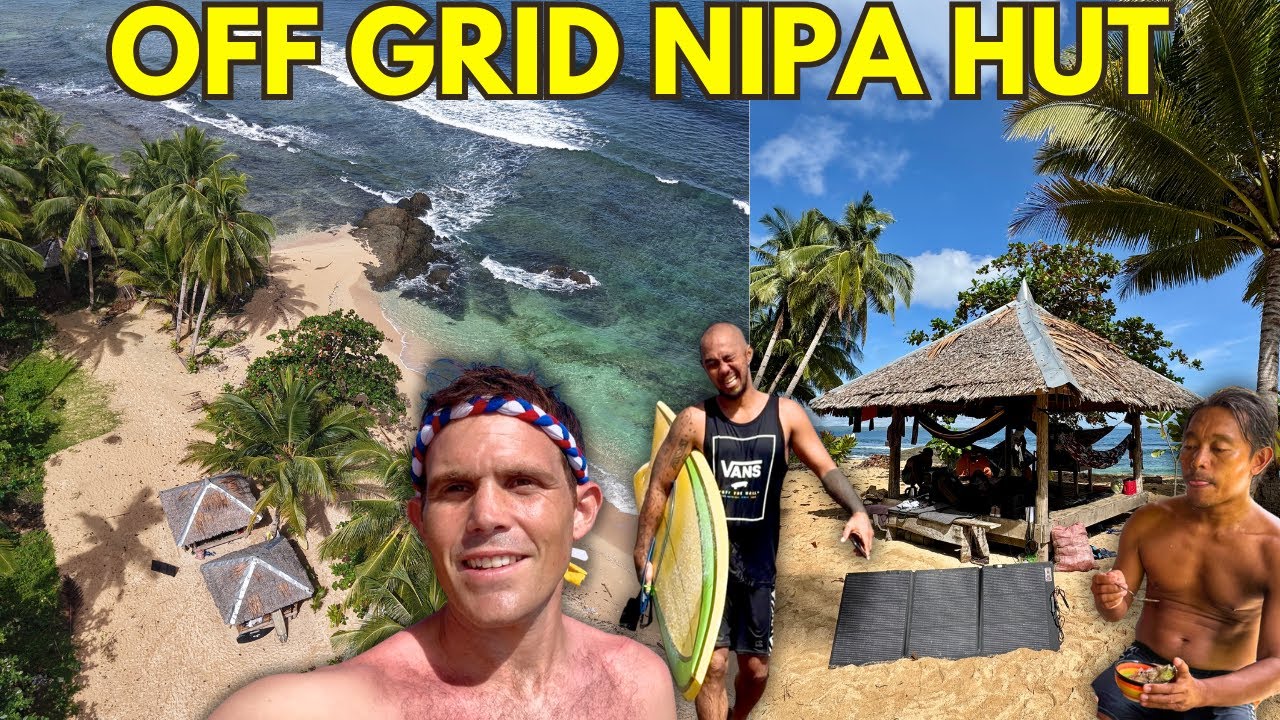 YouTube post by @BecomingFilipino for EcoFlow. Caption reads: PHILIPPINES SURF BEACH CAMPING - Nipa Hut Party in....