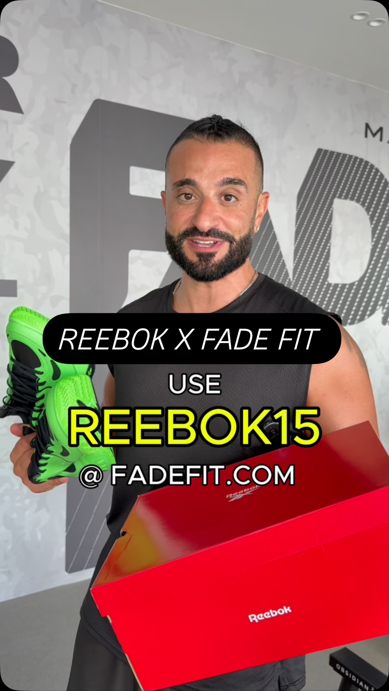 Instagram post by @fadefit for Reebok Middle East & N.Africa. Caption reads: This collab is 🔥🔥 Grab a snack & WIN
@fadefit x....