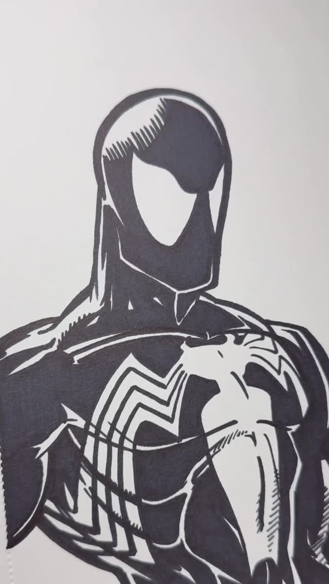 Instagram post by @benji.stuff for Sharpie. Caption reads: Symbiote Spiderman ASMR drawing 🗣️🕷️ #fyp #art....