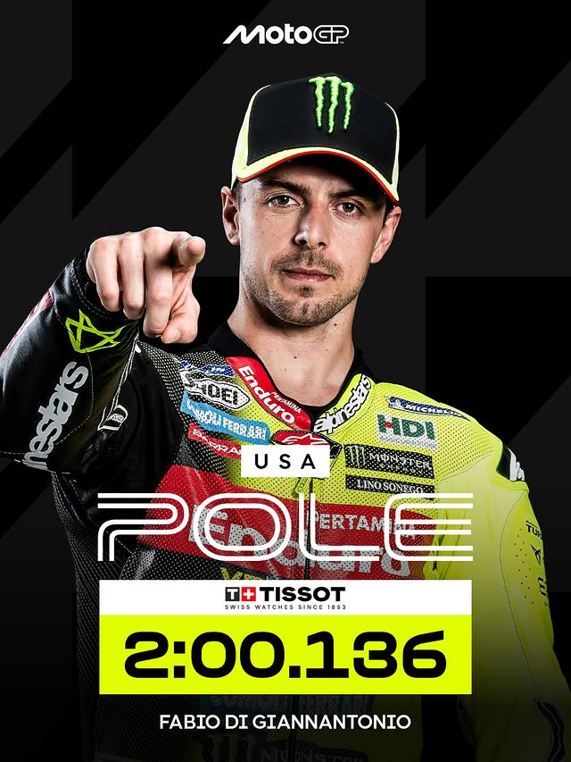 Instagram post by @vr46racingteam for TISSOT. Caption reads: The speed is back-to-back 🔥 #USGP🇺🇸.