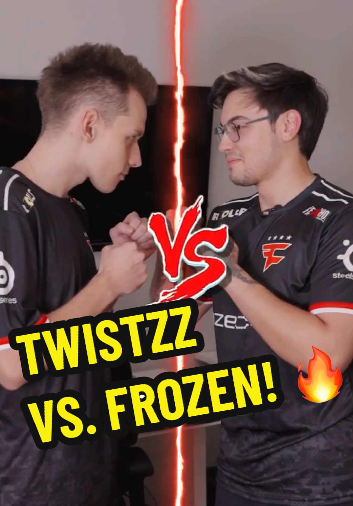 TikTok post by @fazegaming for SteelSeries. Caption reads: WHO HAS BETTER AIM, TWISTZZ OR FROZEN? 😱....