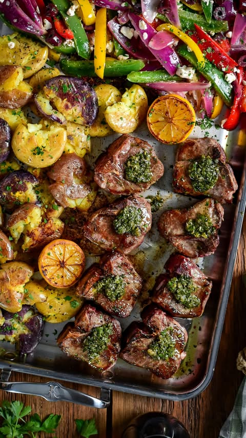Instagram post by @zimmysnook for Hedley & Bennett. Caption reads: Garlic and Anchovy Lamb Loin Chops With Warm Salsa....
