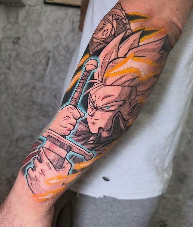 Instagram post by @aleksan_tattoo for Pepax Official. Caption reads: FUTURE TRUNKS• Hecho en @multiverso_tattoo_mataro....