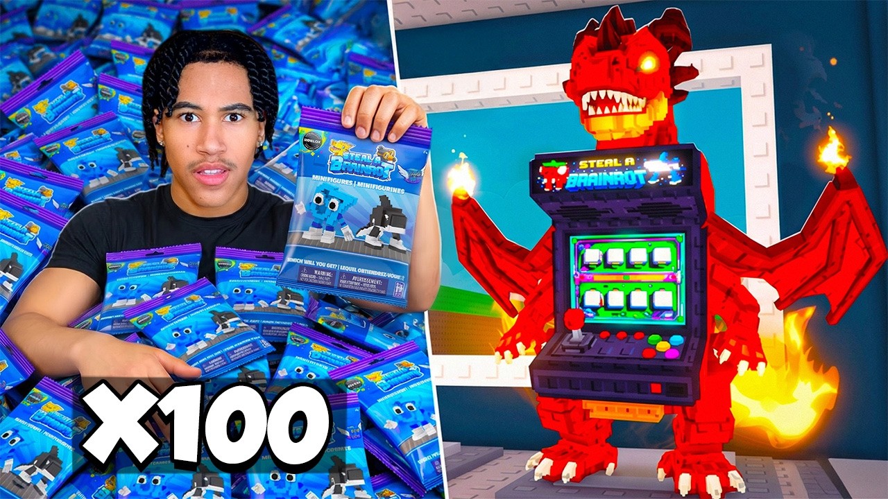 YouTube post by @BeOnePourcent for Eldorado. Caption reads: I bought 100 DLC boxes of Steal a Brainrot!....