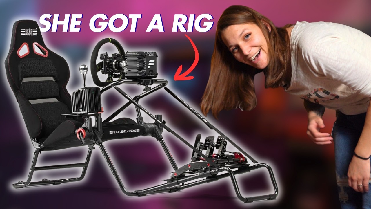 YouTube post by @Road2Racer for Next Level Racing. Caption reads: My Wife Got A Sim Rig -  Next Level Racing GT LITE....