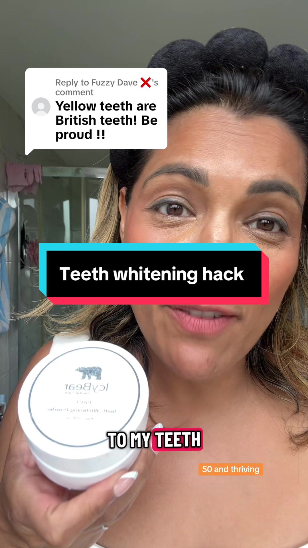 TikTok post by @sheena.tiktok76 for Icy Bear Dental. Caption reads: Replying to @Fuzzy Dave ❌ My 50 year old (all....