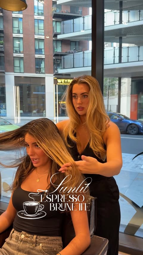 Instagram post by @hair.by.suzi for Moroccanoil Professionals. Caption reads: Sunlit Espresso 🍯☕️ - Filmed for my education....