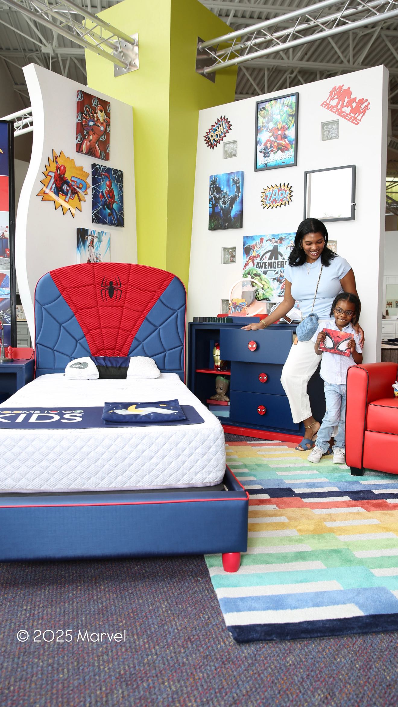 Instagram post by @theantoinettefm for Rooms To Go. Caption reads: [...] boys LOVE Spider-Man! I’m so excited....