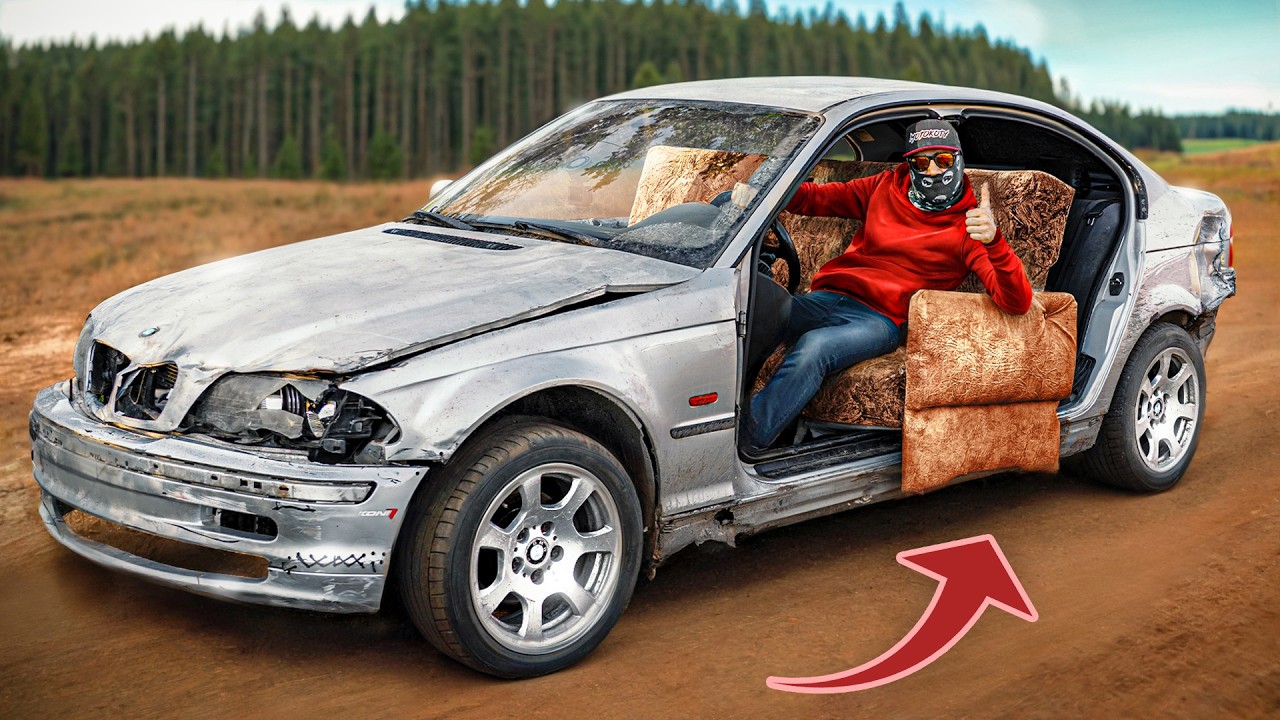 YouTube post by @MotoKoty for Mubi.pl. Caption reads: We installed a sofa bed in a BMW E46.