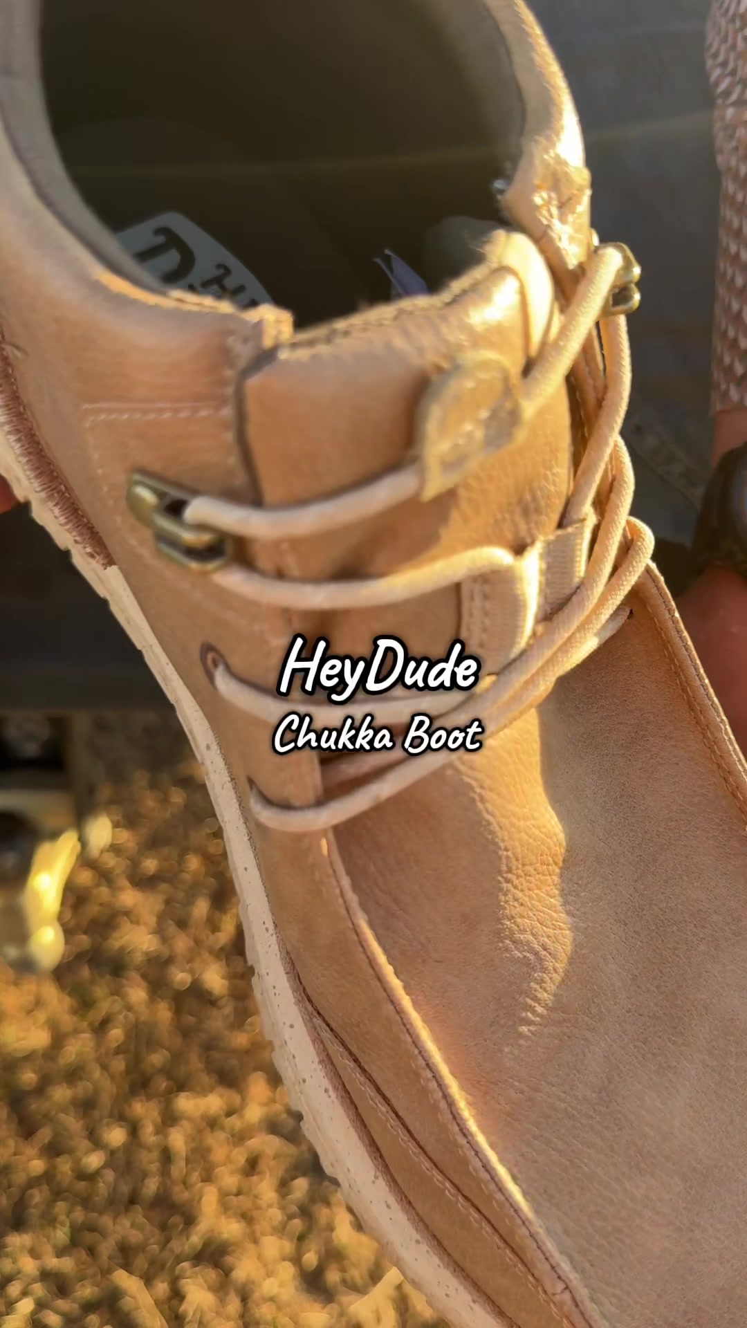 TikTok post by @whitneymendel for HEYDUDE shoes. Caption reads: HeyDude Bradley Chukka @HeyDude #heydudeshoes....