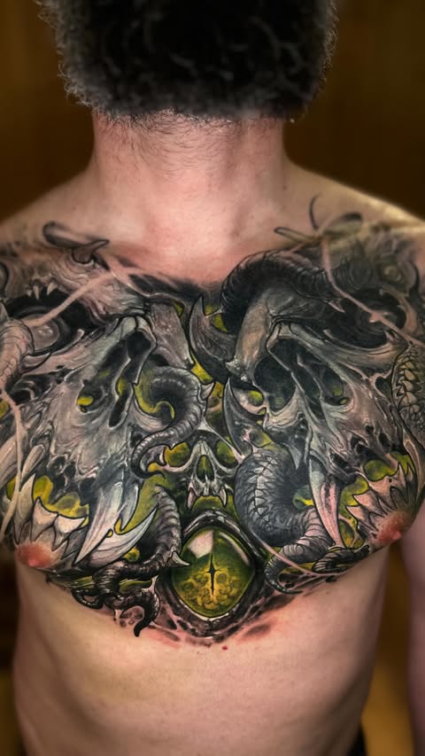 Instagram post by @arno_b_ink for EZ Tattoo Supply. Caption reads: Full chest of love ! Cover up and more to come…....