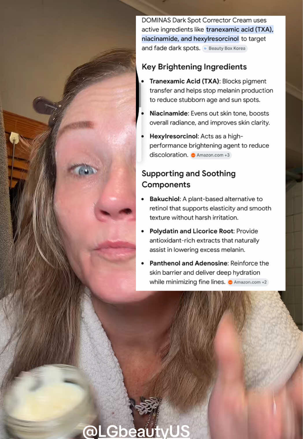 TikTok post by @healingwithbarb for LG BEAUTY. Caption reads: @LGbeauty US Is made for dark spots wherever they....