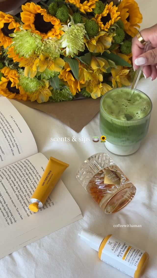 Instagram post by @coffeewithaman for Kiehl's. Caption reads: bevy & fragrance of the day 🌻 
 
My favorite....