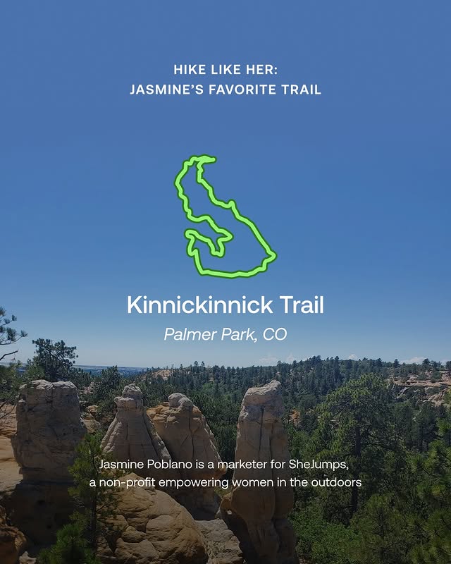 Instagram post by @shejumps for AllTrails. Caption reads: Jasmine’s go-to: Kinnickinnick Trail. She grew up....