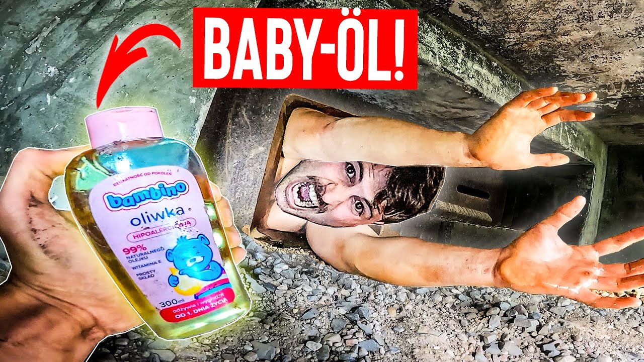 YouTube post by @rooflesstv for OLIGHT. Caption reads: Wir müssen uns EINÖLEN!🧴| Extrem ENGES LOCH führt....