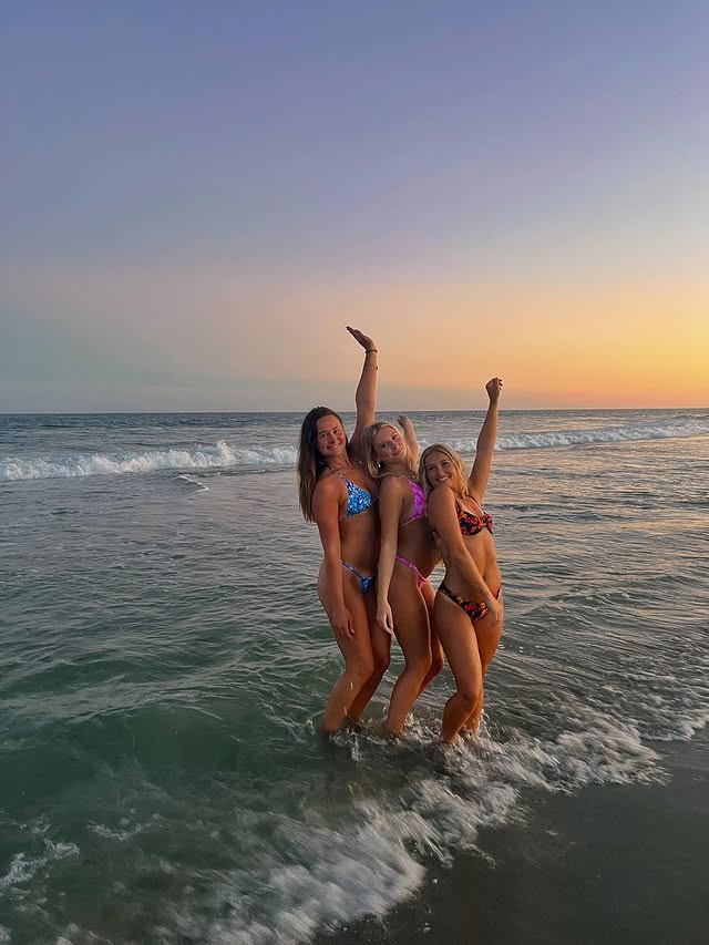 Instagram post by @olivia.rosem for Bright Swimwear. Caption reads: Beach sunsets forever please @brightswimwear....