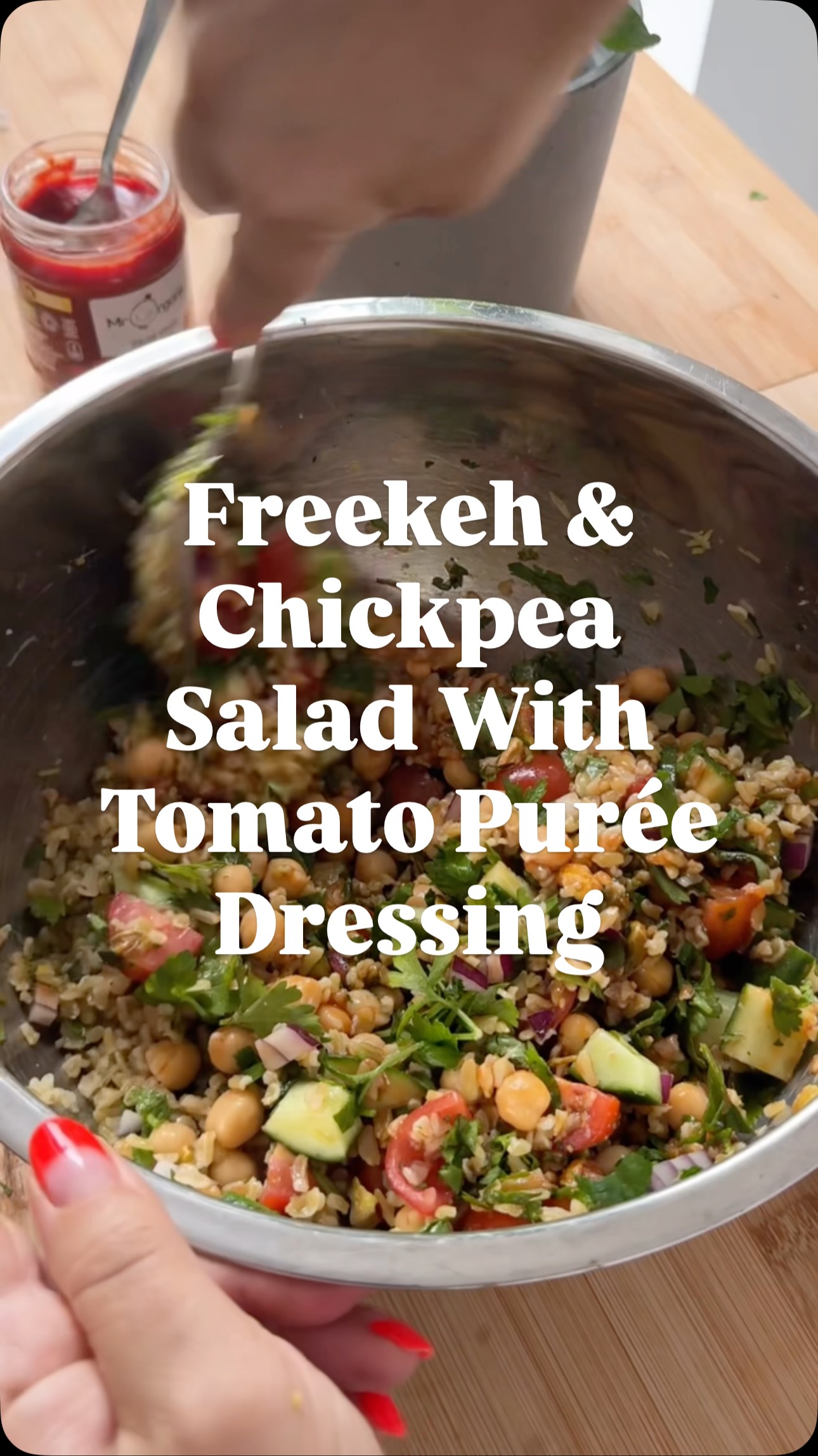 Instagram post by @ellypear for Mr Organic. Caption reads: ad Freekeh & Chickpea Salad with Tomato Puree....