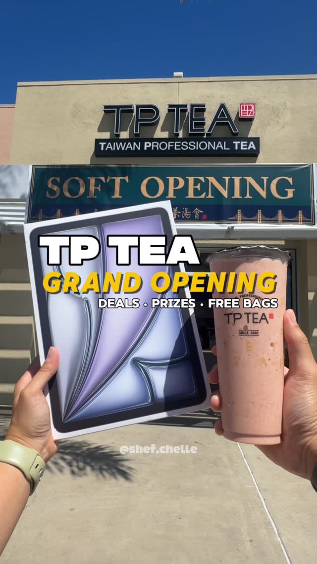 Instagram post by @tptea.california for Yelp. Caption reads: 🎉 TP TEA GRAND OPENING 🎉
📍 4711 Clairemont Dr....