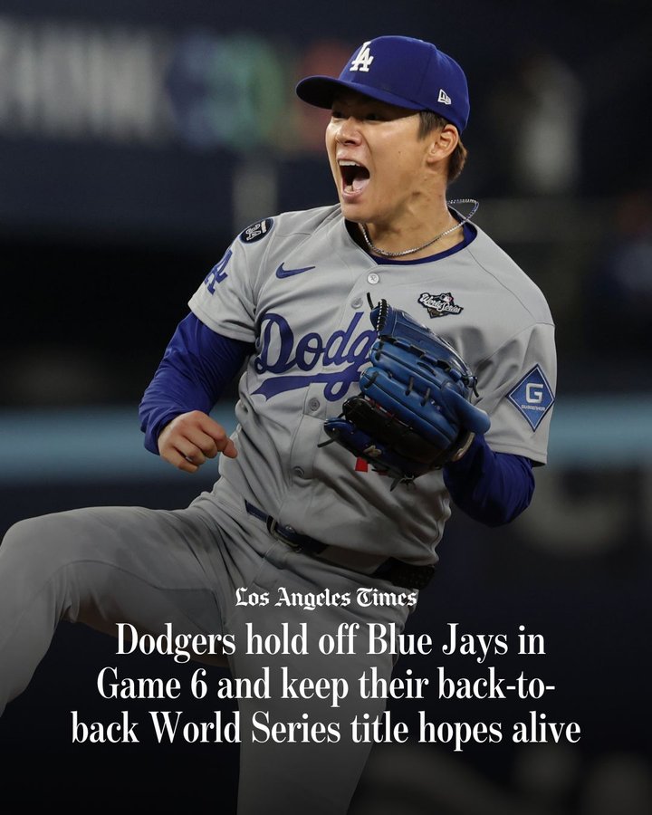 Instagram post by @latimes_sports for Los Angeles Times. Caption reads: Mookie Betts drove in two runs, Yoshinobu Yamamoto....