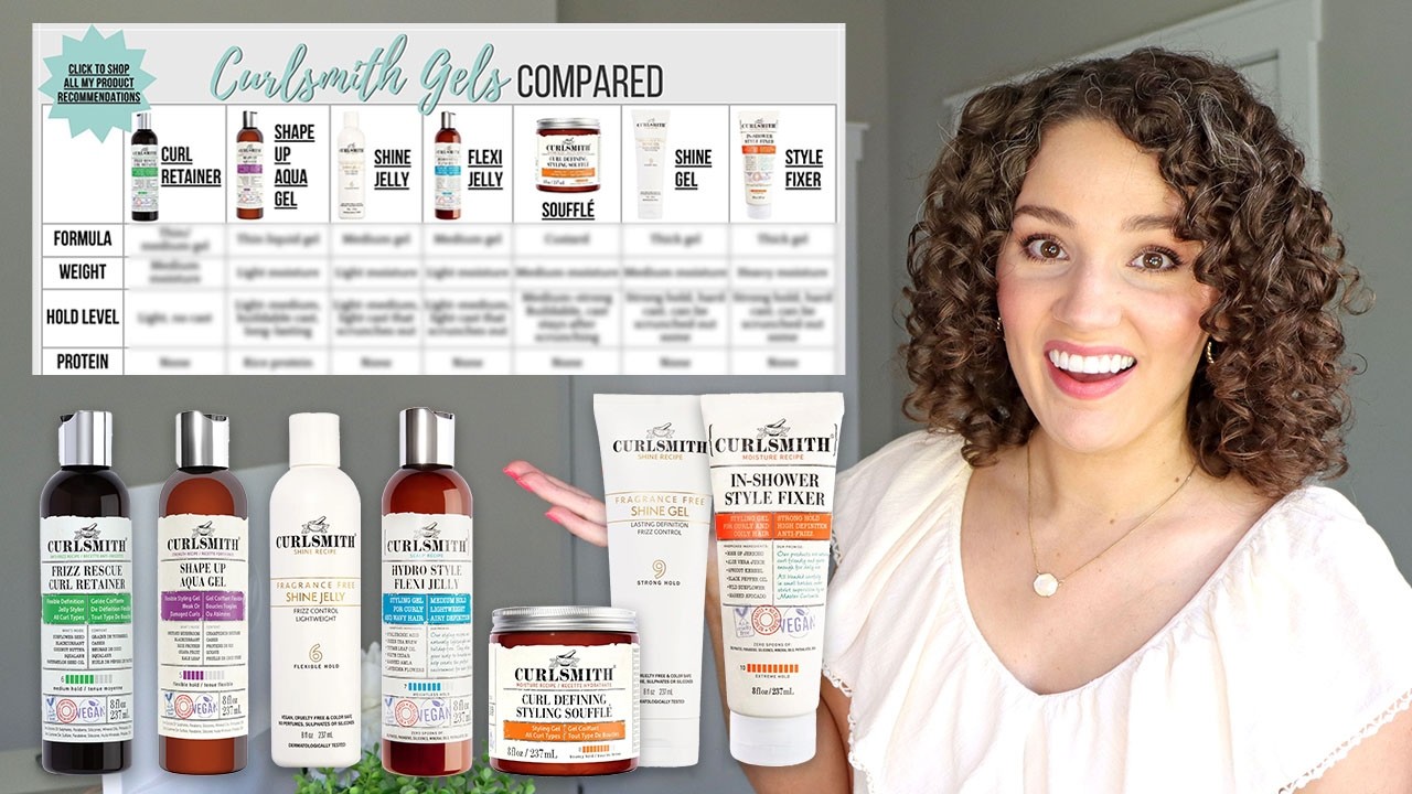 YouTube post by @GenaMarie for Curls Monthly. Caption reads: Curlsmith Gels Compared | Updated 2024 Version.