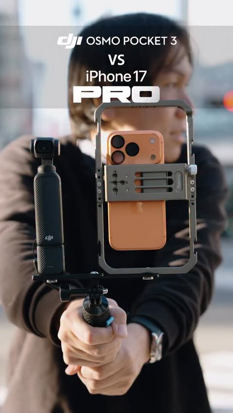 Instagram post by @kiona_produce for DJI. Caption reads: Osmo POCKET vs iPhone 17 Pro....
