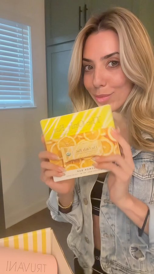 Instagram post by @bekahprz for Truvani. Caption reads: [...] back? 🍋 The Lemon Cookie Flavor by @truvani....