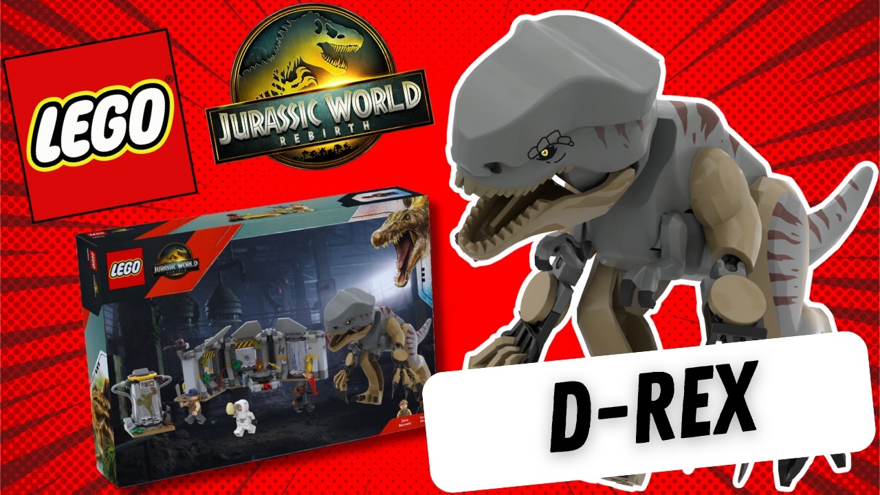 YouTube post by @bricksonthefloor610 for Holy Squad. Caption reads: The D-Rex is coming! | The LEGO Jurassic World....